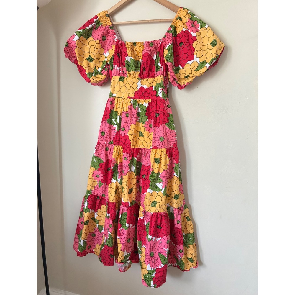 Listicle Floral Midi Garden Dress Puff Sleeve Pink Yellow Tiered Cotton Small